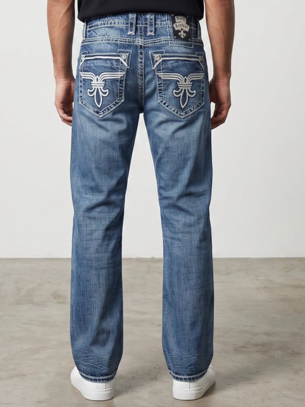 Rock Revival Bobber Relaxed Straight Jeans Men 34x32 Dark Wash Thick Stitched